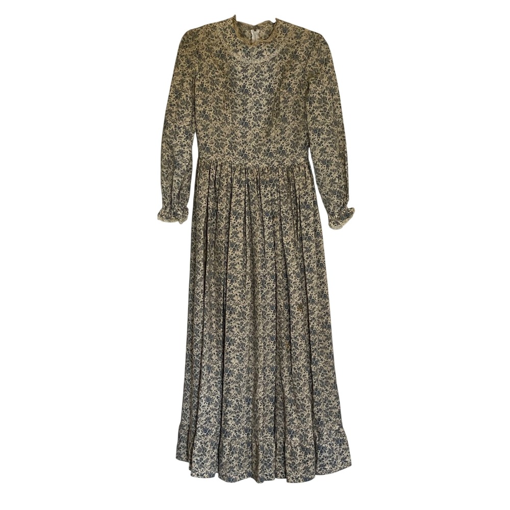 Vintage 70s Prairie Maxi Dress Floral Calico Lace Trim Talon Zip Blue Purple S